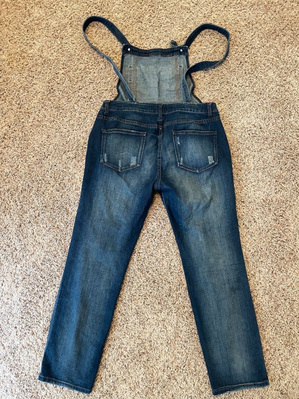 FP Free People Denim Overalls Size 31 Distressed Stretch Blue Jeans Broken Strap - Picture 3 of 12